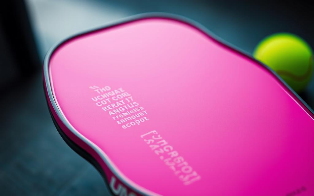 A close-up of a vibrant pink pickleball paddle with a sleek, modern design. The paddle's surface is adorned with a textured grip pattern, providing exceptional control and feel. The midsection of the paddle features a meticulously engineered core, showcasing the latest technological advancements in pickleball paddle construction. Soft, diffused lighting illuminates the paddle, highlighting its intricate details and the premium materials used in its craftsmanship. The background is blurred, keeping the focus solely on the paddle and its perfect balance of power and control.