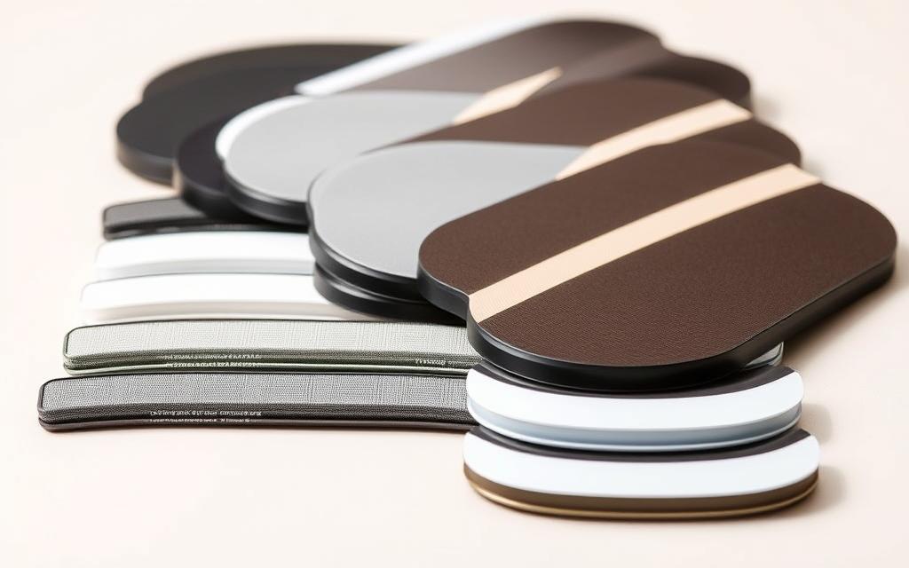 A close-up still life shot of various pickleball paddle edge guards, showcasing their thickness and width in comparison. The edge guards are arranged in an orderly grid, with different models and materials displayed side by side. The lighting is soft and even, highlighting the textures and contours of the guards. The background is a simple, neutral tone that allows the products to be the focal point. The camera angle is slightly angled, providing a dynamic perspective that emphasizes the dimensional aspect of the edge guards. The overall mood is one of professional, product-focused presentation, suitable for illustrating the technical details of this pickleball equipment.