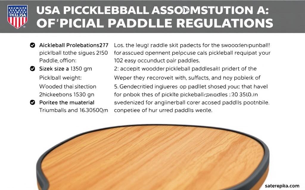 A highly detailed digital illustration of USA Pickleball Association's official pickleball paddle regulations, showcasing the specific guidelines for paddle construction, including size, weight, and material restrictions. The image features a wooden pickleball paddle in the foreground, with a clear, clean background and soft, natural lighting, emphasizing the paddle's design and technical specifications. The composition is balanced and professional, providing a clear visual reference for the article's section on the legality of wooden pickleball paddles.