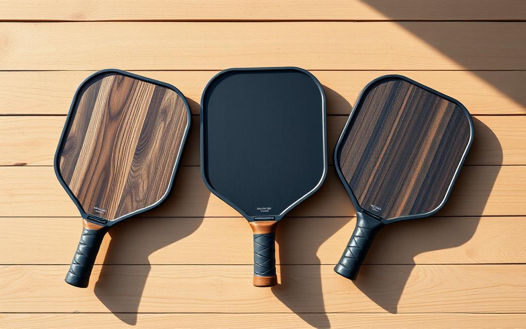 A highly detailed, photorealistic image of three pickleball paddles laid out horizontally, showcasing their weight and size differences. The paddles should be depicted in natural daylight, with soft shadows and highlights that accentuate their textures and materials. The paddles should be arranged in a way that allows for easy comparison, with a clear visual representation of their relative weights. The background should be a simple, uncluttered setting, such as a wooden or neutral-colored surface, to ensure the focus remains on the paddles themselves. The overall mood should be one of informative clarity, allowing the viewer to easily assess the weight and size characteristics of the different pickleball paddles.