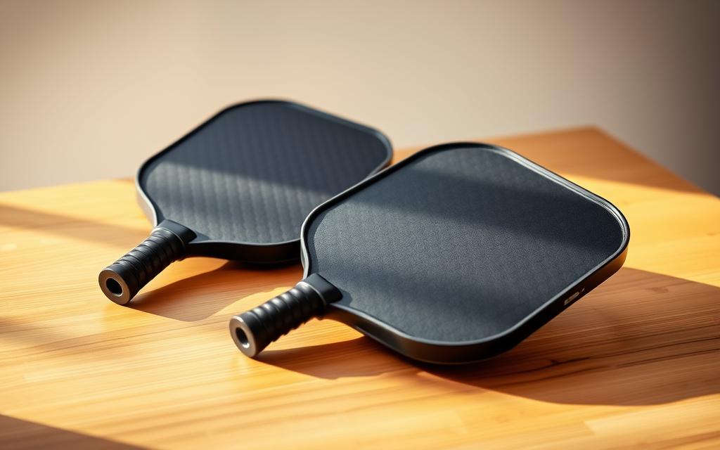 A pair of high-quality pickleball paddles resting on a smooth, polished wooden surface, with a soft, natural lighting casting a warm glow. The paddles are designed for skill development, featuring a durable composite construction, a comfortable grip, and a balanced weight distribution. The foreground showcases the intricate textures and details of the paddle faces, while the middle ground highlights the paddles' ergonomic design. The background is a clean, minimalist setting, allowing the focus to remain on the equipment and its purpose of enhancing pickleball performance.
