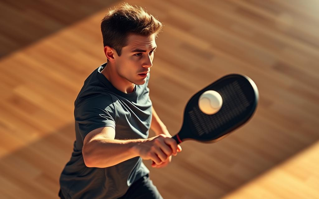 A pickleball player in mid-serve motion, with a crisp, focused expression and intense concentration. The ball leaves their racket in a tight spin, visible as a blurred trail of motion. The court surface is a smooth, hardwood texture, bathed in warm, directional lighting that casts dramatic shadows. The player's form is captured at a high-speed shutter, freezing the dynamic movement. The background is slightly blurred, keeping the focus on the serve and the player's technique.