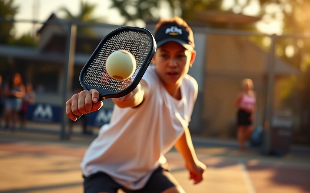 A pickleball player mid-serve, their racket poised in a powerful spin motion, the ball leaving a trailing blur as it rotates rapidly. The foreground is sharply in focus, capturing the athlete's intense concentration and the dynamic tension of the moment. The background is softly blurred, suggesting an outdoor court setting with hints of fencing and spectators. Warm, golden afternoon light filters through, casting dramatic shadows and highlights that accentuate the spin and movement. The overall composition conveys the skill and artistry of the spin serve, a key evolution in the game of pickleball.