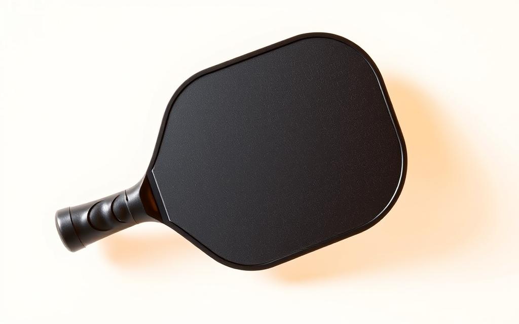 A pristine, close-up view of a pickleball paddle, captured against a clean, minimalist background. The paddle is centered, slightly angled to reveal its distinctive shape - a broad, flat surface with a tapered handle. The paddle's surface has a matte, textured finish, providing a high-grip surface for precise control. Warm, natural lighting illuminates the paddle, highlighting its sleek curves and accentuating the subtle details of its construction. The image focuses on the paddle's sweet spot, emphasizing the importance of this key design element for beginners learning the sport.