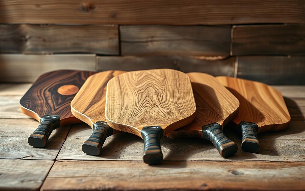Handcrafted wood pickleball paddles resting on a rustic wooden surface, illuminated by soft, natural lighting. Intricate grain patterns and organic textures adorn the paddle faces, showcasing the skilled craftsmanship of artisan woodworkers. In the foreground, the paddles are arranged in a visually appealing composition, casting subtle shadows that add depth and dimension. The middle ground features a backdrop of weathered, reclaimed wood planks, while the background subtly blurs, focusing the viewer's attention on the stunning handmade paddles. The overall scene exudes a sense of warmth, authenticity, and a celebration of the artisanal tradition behind these exceptional wooden pickleball implements.
